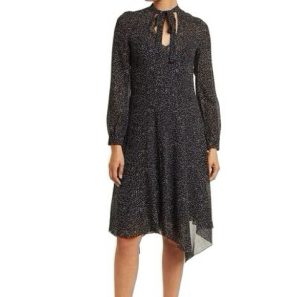 Theory Tie Neck Drape Silk Dress Midi Multi Speckle Black - Picture 3 of 10